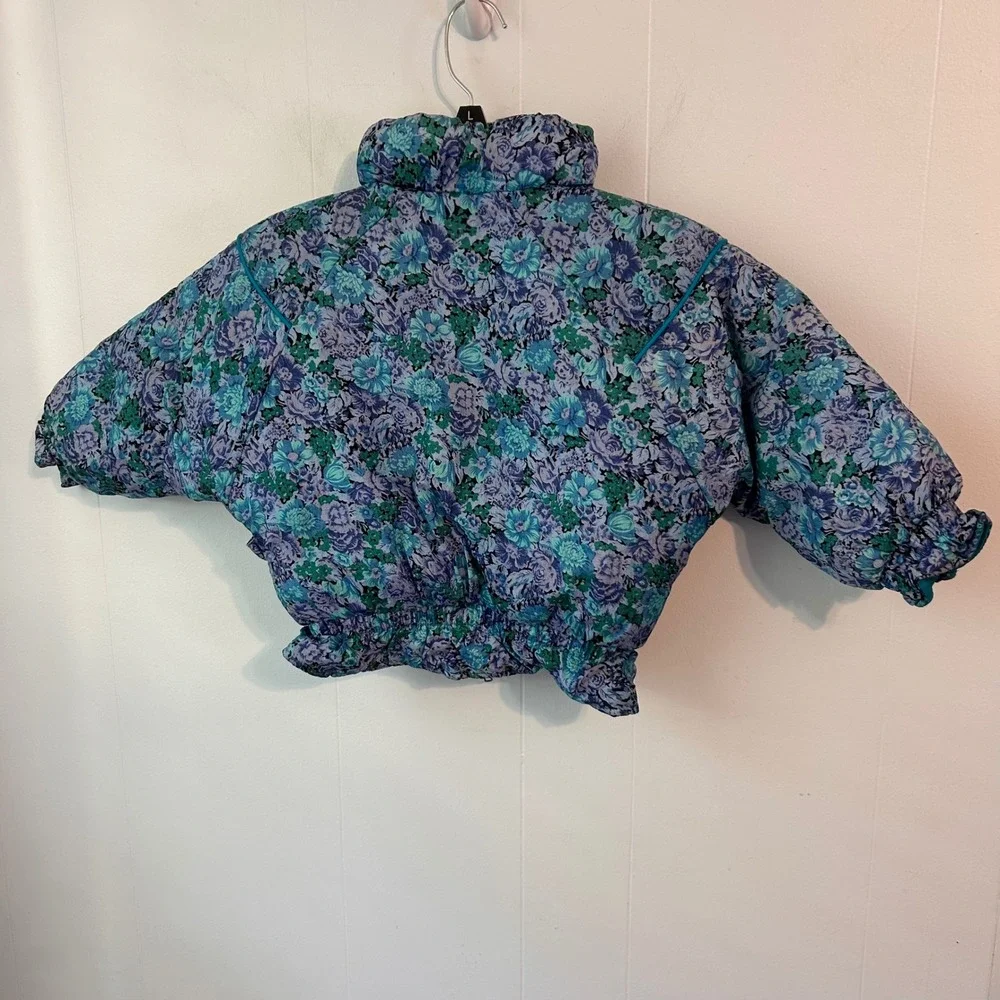 Vintage Weather Tamer Kids Blue Floral Puffer Jacket Batwing Sleeve Size M 3